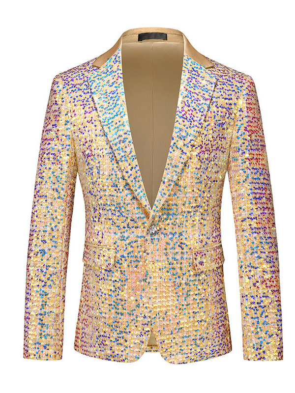 Férfi öltöny szegecsekkel díszítve bankett és színpadi előadásokhoz — karcsú szabású, egyrészes, egygombos, notch gallér, középső hátsó hasítás, pamut-gyapjú keverék 50% acetát