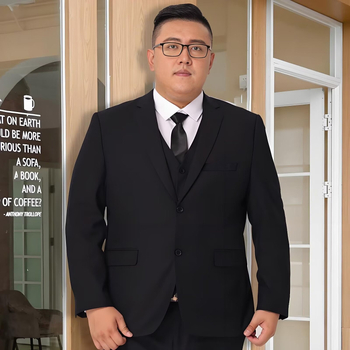 Plusz méretű férfi formális öltöny készlet, lazán szabott zakó, kétgombos, poliészter-keverék anyag, vasalás nélkül, nyár