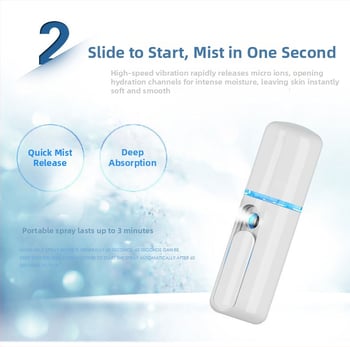 Dispozitiv portabil de hidratare prin pulverizare nano, baterie încorporată 50–100 mAh, timp de ceață ≤10 s, pulverizare rece, treapta 1, autonomie 1–3 h
