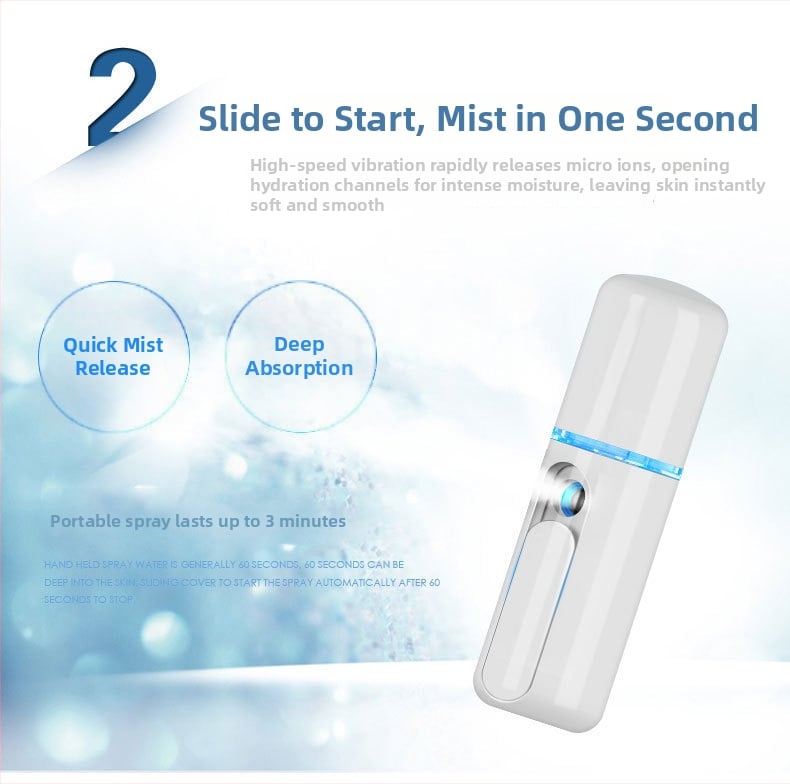 Dispozitiv portabil de hidratare prin pulverizare nano, baterie încorporată 50–100 mAh, timp de ceață ≤10 s, pulverizare rece, treapta 1, autonomie 1–3 h
