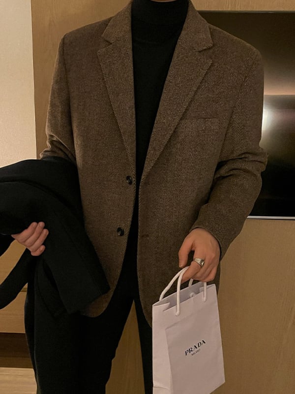 Muški zimski debeli ležerni kaput s dvostrukim zatvaranjem na dva gumba, plosati ovratnik, 70% poliester, 30% vuna