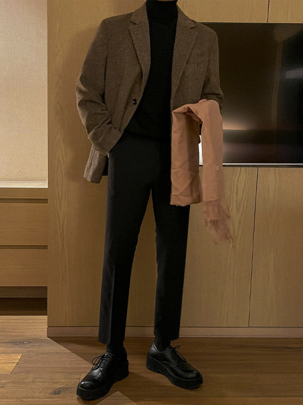 Muški zimski debeli ležerni kaput s dvostrukim zatvaranjem na dva gumba, plosati ovratnik, 70% poliester, 30% vuna