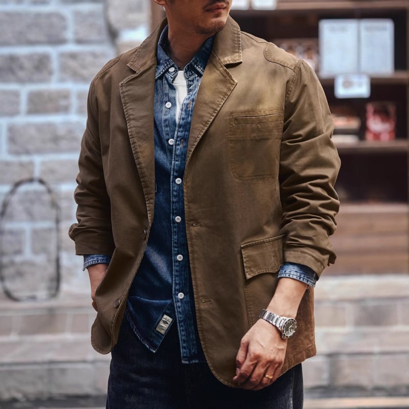 Muško casual sako od pamuka, labav kroj, color block dizajn, ravan ovratnik, jednoredni gumb, proljeće–jesen