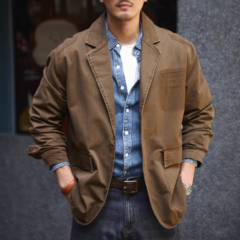 Muško casual sako od pamuka, labav kroj, color block dizajn, ravan ovratnik, jednoredni gumb, proljeće–jesen