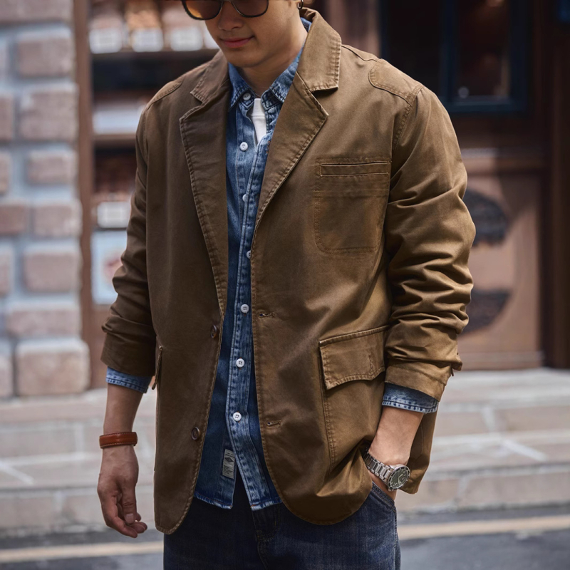 Muško casual sako od pamuka, labav kroj, color block dizajn, ravan ovratnik, jednoredni gumb, proljeće–jesen