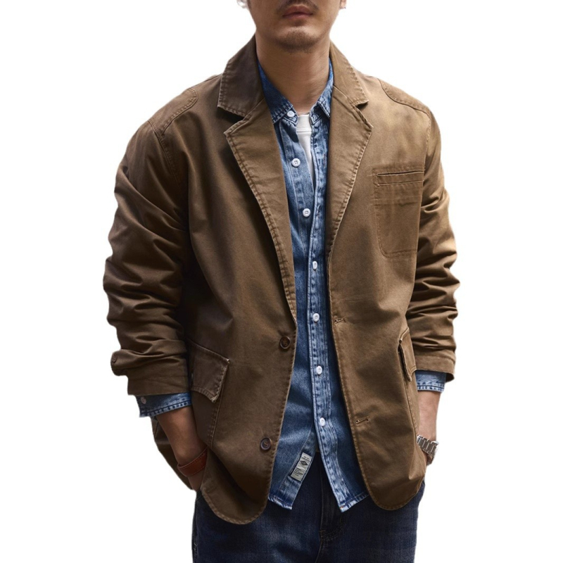 Muško casual sako od pamuka, labav kroj, color block dizajn, ravan ovratnik, jednoredni gumb, proljeće–jesen