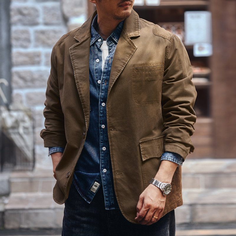 Muško casual sako od pamuka, labav kroj, color block dizajn, ravan ovratnik, jednoredni gumb, proljeće–jesen