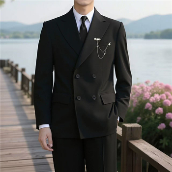 Muško sako za kostim – dvostruko kopčanje, dva gumba, širok kroj, poliester 95%, proljeće 2025, za posao