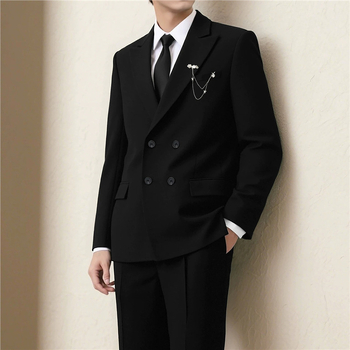 Muško sako za kostim – dvostruko kopčanje, dva gumba, širok kroj, poliester 95%, proljeće 2025, za posao