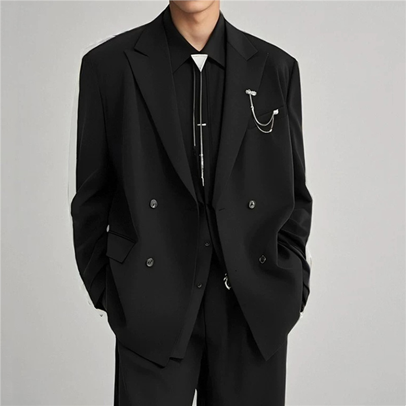 Muško sako za kostim – dvostruko kopčanje, dva gumba, širok kroj, poliester 95%, proljeće 2025, za posao