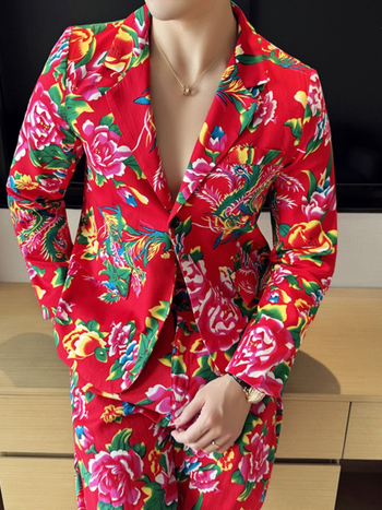 Muški dvodijelni kostim u slim fit kroju, jednobrod s jednim gumbom, tkanina od acetatnih vlakana, pogodan za sve sezone, print s kazališnim motivom