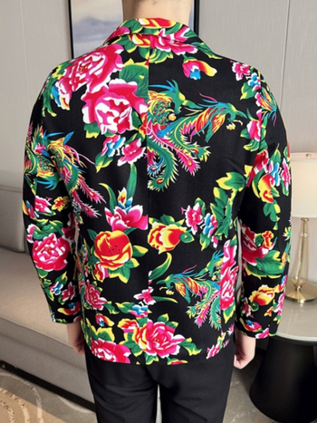 Muški dvodijelni kostim u slim fit kroju, jednobrod s jednim gumbom, tkanina od acetatnih vlakana, pogodan za sve sezone, print s kazališnim motivom