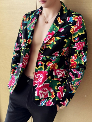 Muški dvodijelni kostim u slim fit kroju, jednobrod s jednim gumbom, tkanina od acetatnih vlakana, pogodan za sve sezone, print s kazališnim motivom