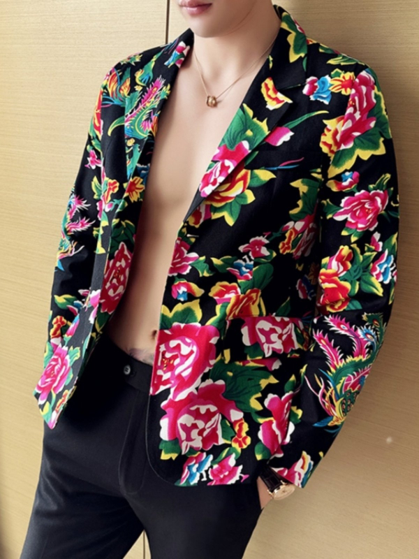 Muški dvodijelni kostim u slim fit kroju, jednobrod s jednim gumbom, tkanina od acetatnih vlakana, pogodan za sve sezone, print s kazališnim motivom