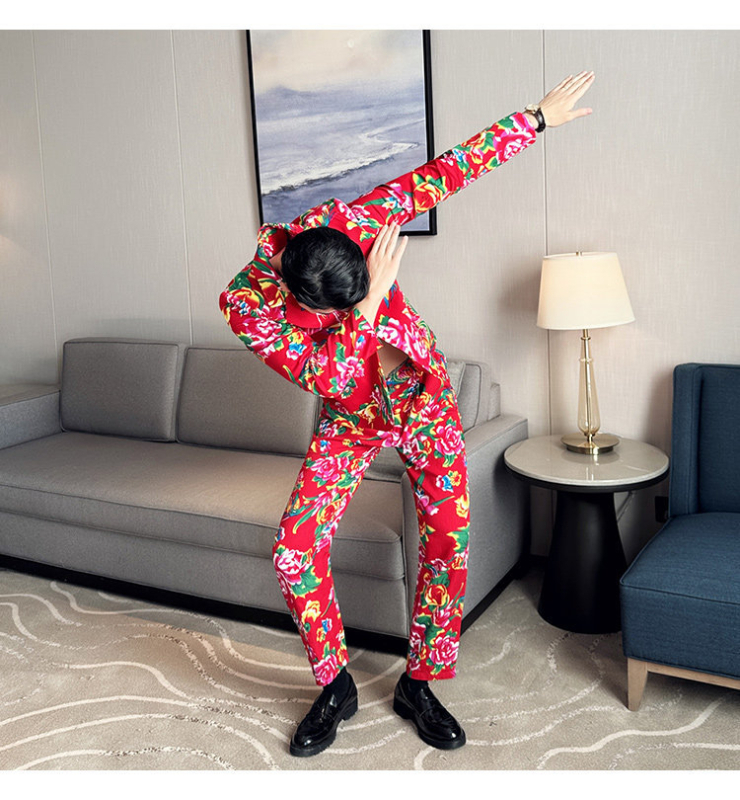 Muški dvodijelni kostim u slim fit kroju, jednobrod s jednim gumbom, tkanina od acetatnih vlakana, pogodan za sve sezone, print s kazališnim motivom