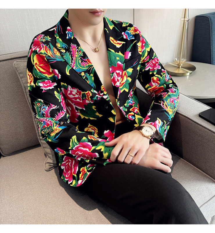 Muški dvodijelni kostim u slim fit kroju, jednobrod s jednim gumbom, tkanina od acetatnih vlakana, pogodan za sve sezone, print s kazališnim motivom