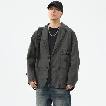 Muško pamučno casual jakna sa stojećim ovratnikom, jednokopčana, uskog kroja, debeli materijal, dekorativne džepove