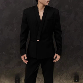 Férfi slim-fit gallér nélküli öltönyzakó, egygombos záródással, tavaszi üzleti formához, poliészter-műszál keverék