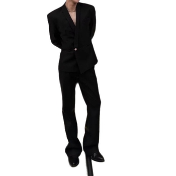 Férfi slim-fit gallér nélküli öltönyzakó, egygombos záródással, tavaszi üzleti formához, poliészter-műszál keverék