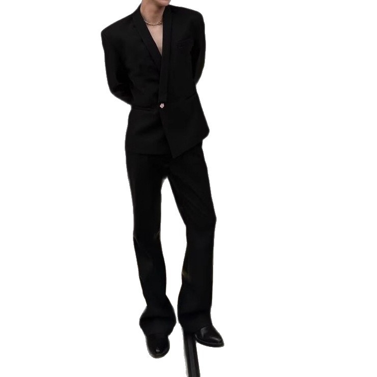 Férfi slim-fit gallér nélküli öltönyzakó, egygombos záródással, tavaszi üzleti formához, poliészter-műszál keverék