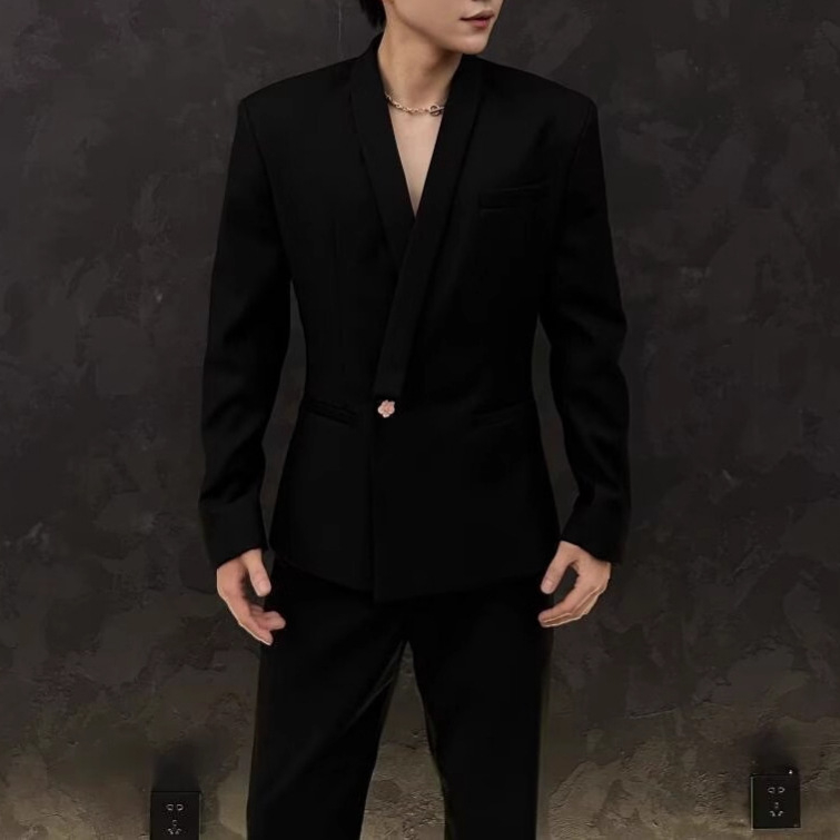 Férfi slim-fit gallér nélküli öltönyzakó, egygombos záródással, tavaszi üzleti formához, poliészter-műszál keverék