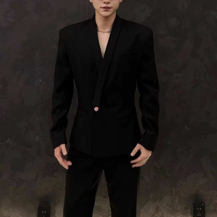 Férfi slim-fit gallér nélküli öltönyzakó, egygombos záródással, tavaszi üzleti formához, poliészter-műszál keverék