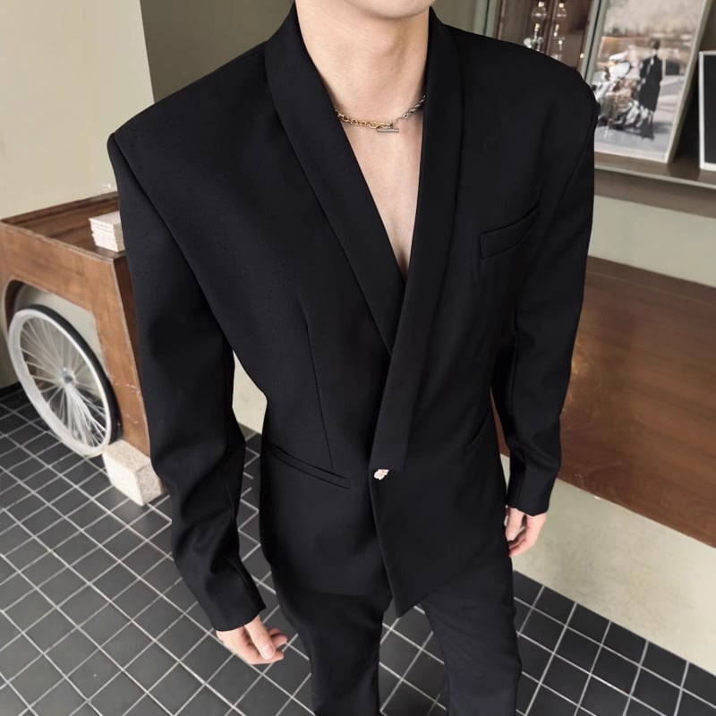 Férfi slim-fit gallér nélküli öltönyzakó, egygombos záródással, tavaszi üzleti formához, poliészter-műszál keverék