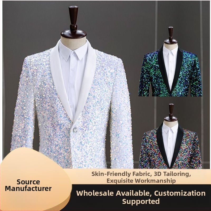 Férfi paillettes színpadi zakó – karcsú szabás, egygombos záródás, mandarin gallér, acetát rostokból álló keverék, négy évszakos viselet