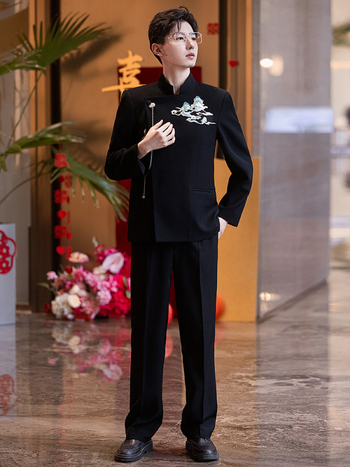 Férfi Zhongshan-stílusú esküvői öltöny jacquard anyaggal, álló gallér, karcsú szabás, egész éves viselet