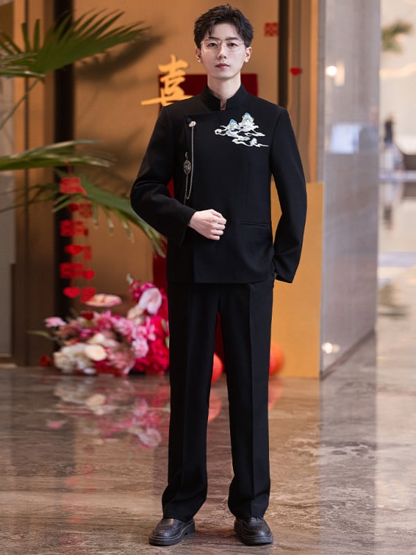 Férfi Zhongshan-stílusú esküvői öltöny jacquard anyaggal, álló gallér, karcsú szabás, egész éves viselet