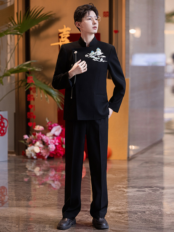 Férfi Zhongshan-stílusú esküvői öltöny jacquard anyaggal, álló gallér, karcsú szabás, egész éves viselet