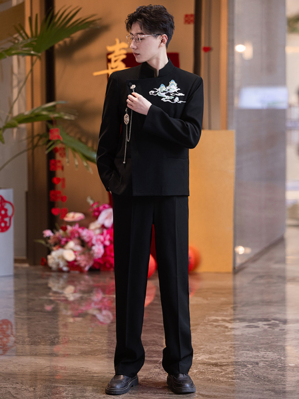 Férfi Zhongshan-stílusú esküvői öltöny jacquard anyaggal, álló gallér, karcsú szabás, egész éves viselet