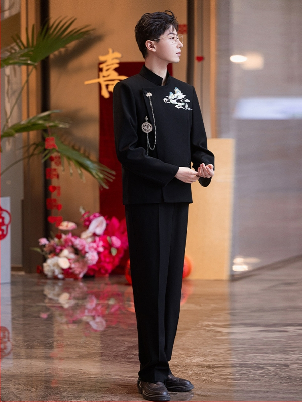 Férfi Zhongshan-stílusú esküvői öltöny jacquard anyaggal, álló gallér, karcsú szabás, egész éves viselet