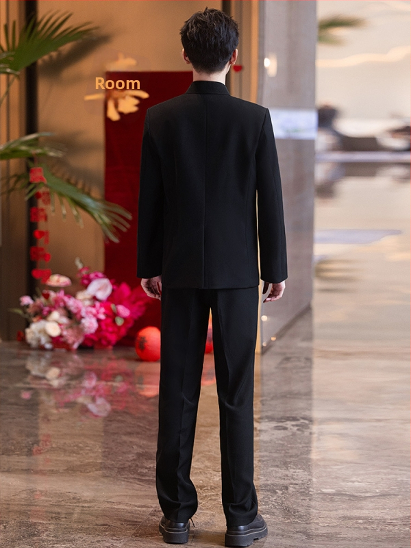 Férfi Zhongshan-stílusú esküvői öltöny jacquard anyaggal, álló gallér, karcsú szabás, egész éves viselet