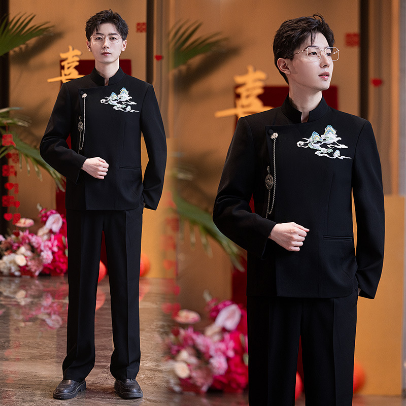 Férfi Zhongshan-stílusú esküvői öltöny jacquard anyaggal, álló gallér, karcsú szabás, egész éves viselet