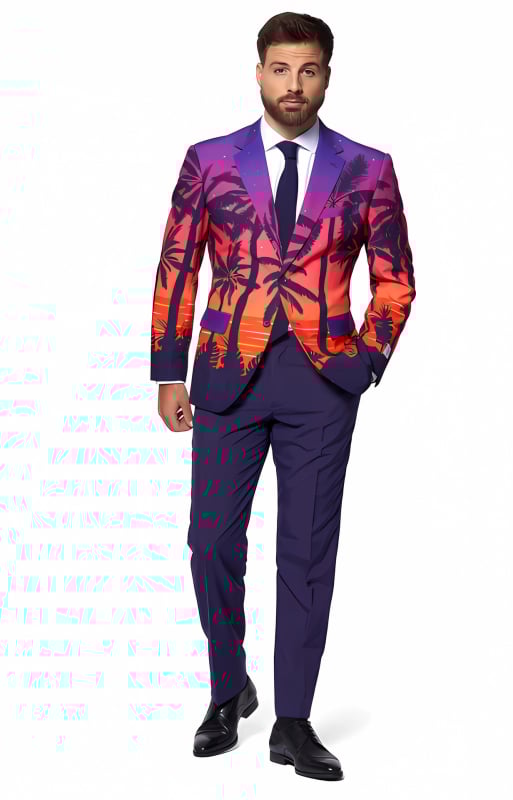 Muški casual kostim-set s 3D cvjetnim printom, slim fit, stojeći ovratnik, zatvaranje s dva gumba, lagana tkanina