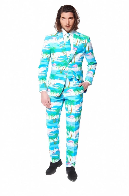 Muški casual kostim-set s 3D cvjetnim printom, slim fit, stojeći ovratnik, zatvaranje s dva gumba, lagana tkanina