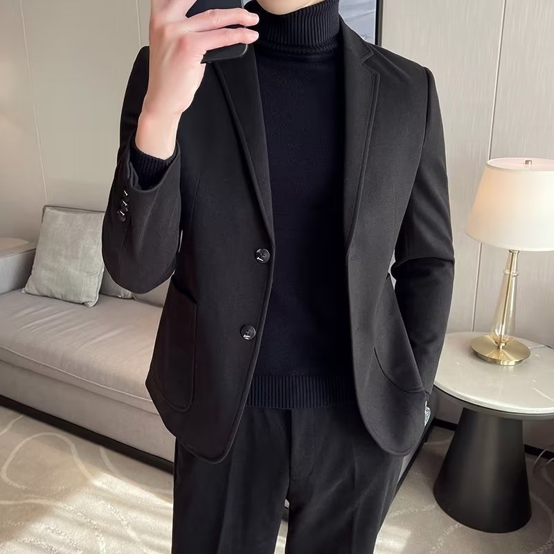 Muški slim-fit sako od korduroja s dodatkom lana, jednoredo s dvjema kopčama, zimsko sako