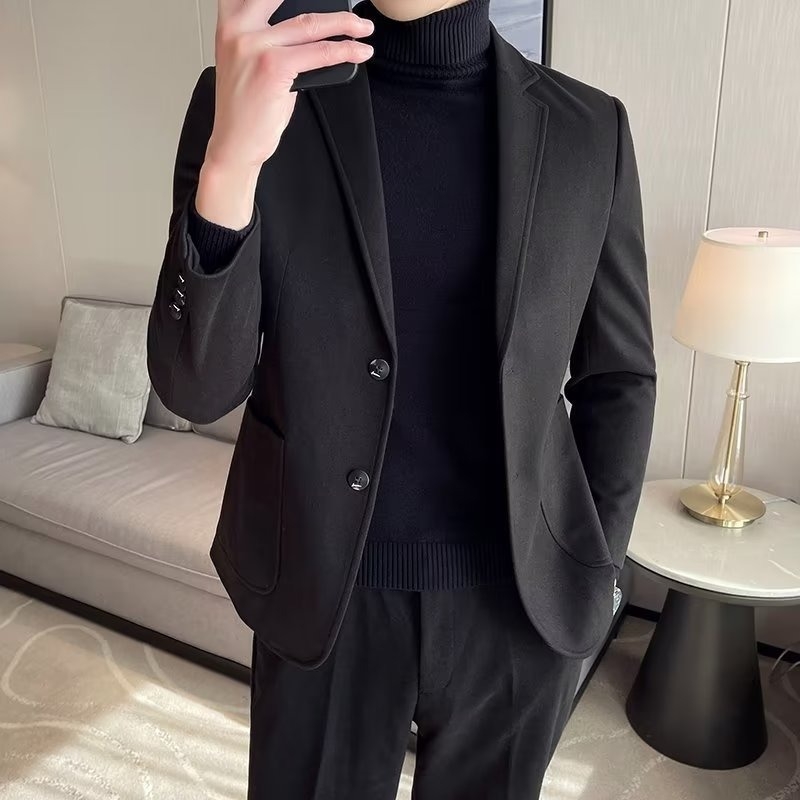 Muški slim-fit sako od korduroja s dodatkom lana, jednoredo s dvjema kopčama, zimsko sako