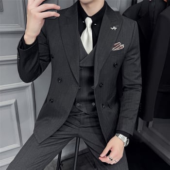 Férfi háromrészes gyapjú öltöny kétsoros zakóval, kétgombos zárású, őszi iroda viselet, gyapjú–keverék anyag