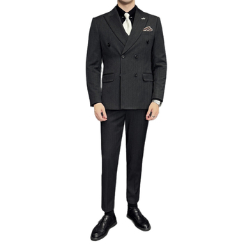 Férfi háromrészes gyapjú öltöny kétsoros zakóval, kétgombos zárású, őszi iroda viselet, gyapjú–keverék anyag