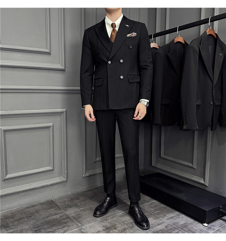 Férfi háromrészes gyapjú öltöny kétsoros zakóval, kétgombos zárású, őszi iroda viselet, gyapjú–keverék anyag