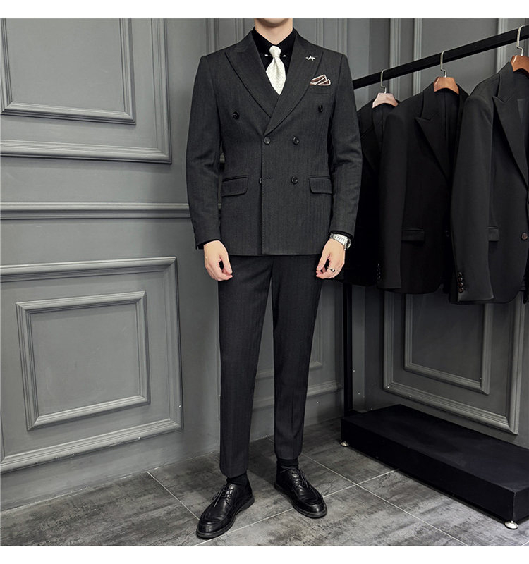 Férfi háromrészes gyapjú öltöny kétsoros zakóval, kétgombos zárású, őszi iroda viselet, gyapjú–keverék anyag