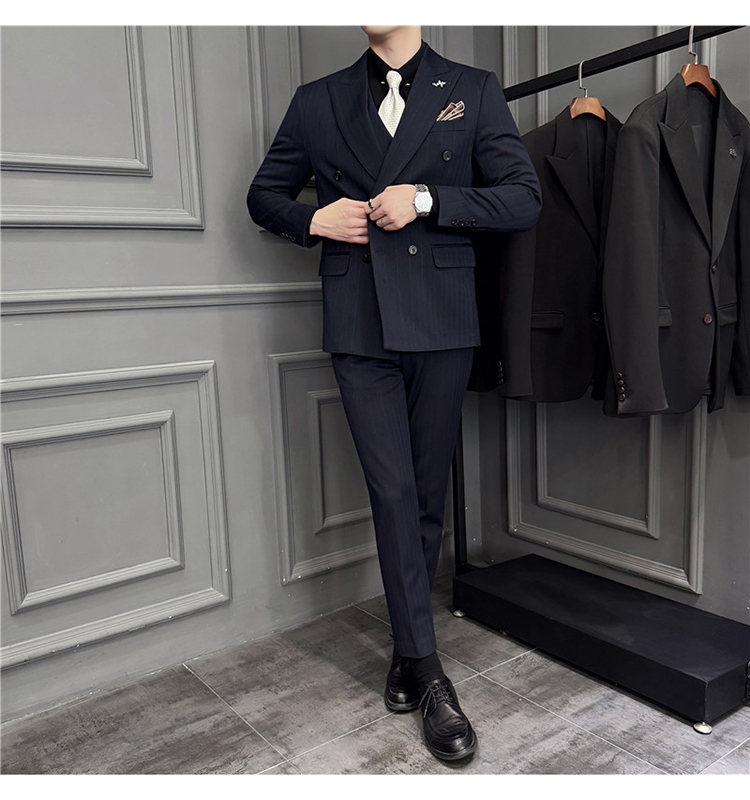 Férfi háromrészes gyapjú öltöny kétsoros zakóval, kétgombos zárású, őszi iroda viselet, gyapjú–keverék anyag