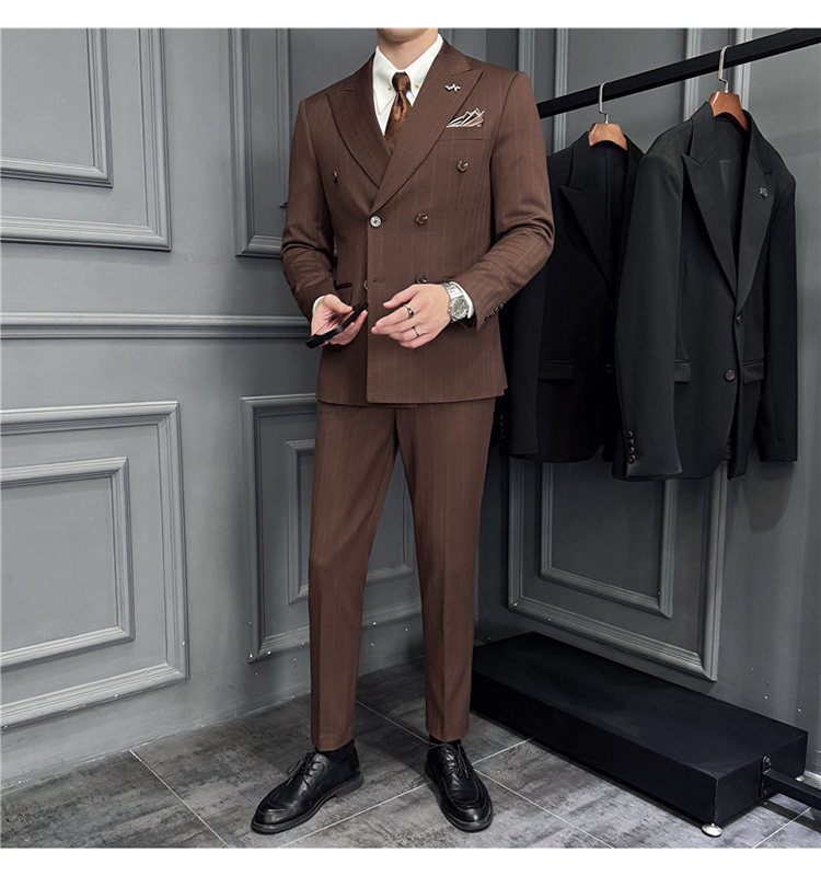 Férfi háromrészes gyapjú öltöny kétsoros zakóval, kétgombos zárású, őszi iroda viselet, gyapjú–keverék anyag