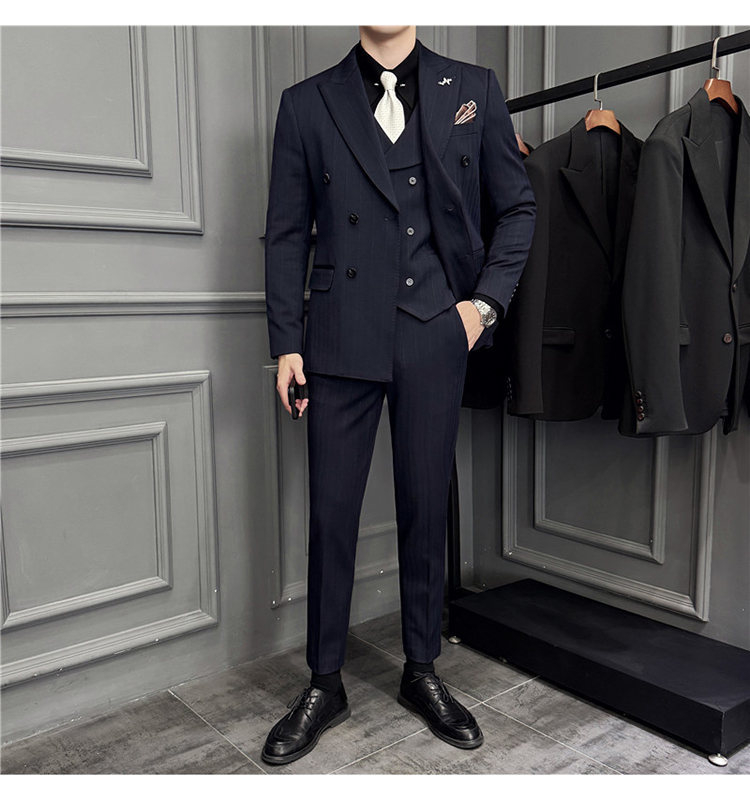 Férfi háromrészes gyapjú öltöny kétsoros zakóval, kétgombos zárású, őszi iroda viselet, gyapjú–keverék anyag