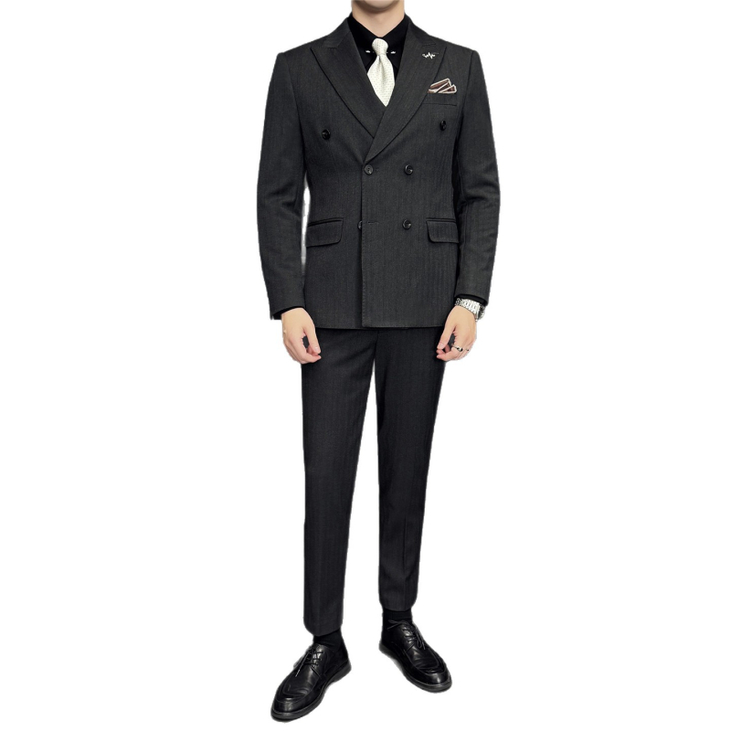 Férfi háromrészes gyapjú öltöny kétsoros zakóval, kétgombos zárású, őszi iroda viselet, gyapjú–keverék anyag