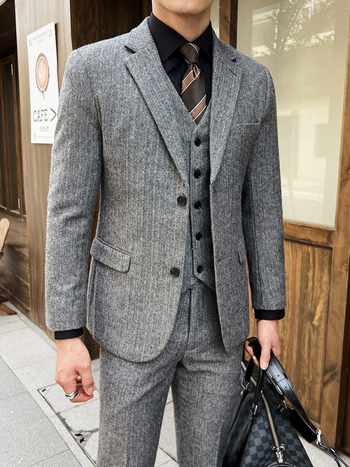 Muško odijelo s uzorkom herringbone – Notch lapel, Dva gumba sprijeda, Slim fit, 70% poliester smjesa