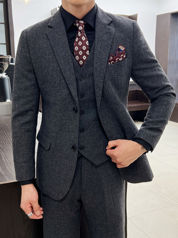 Muško odijelo s uzorkom herringbone – Notch lapel, Dva gumba sprijeda, Slim fit, 70% poliester smjesa