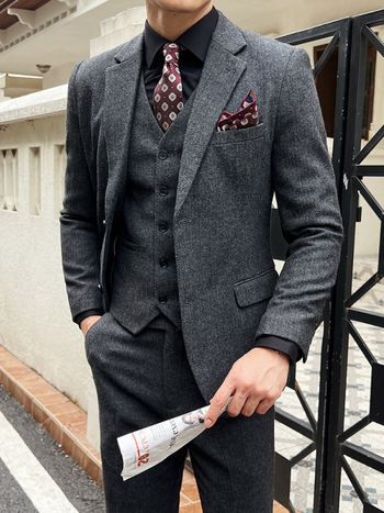 Muško odijelo s uzorkom herringbone – Notch lapel, Dva gumba sprijeda, Slim fit, 70% poliester smjesa